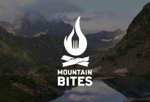 rustic resturant logo, adventure, fire, fork, mountains, bites, adirondack